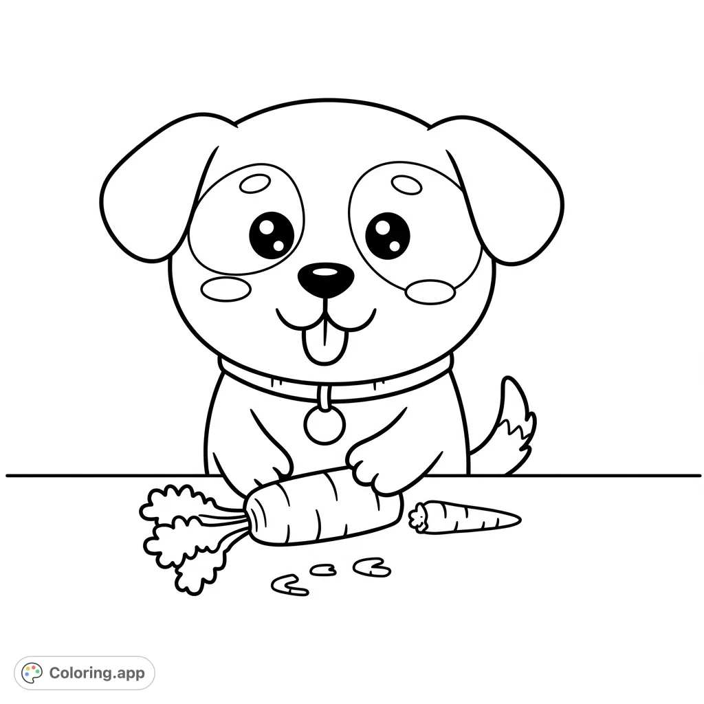 Adorable puppy happily holds a carrot, with a smaller piece and peels nearby. A charming and free printable puppy coloring page for kids.