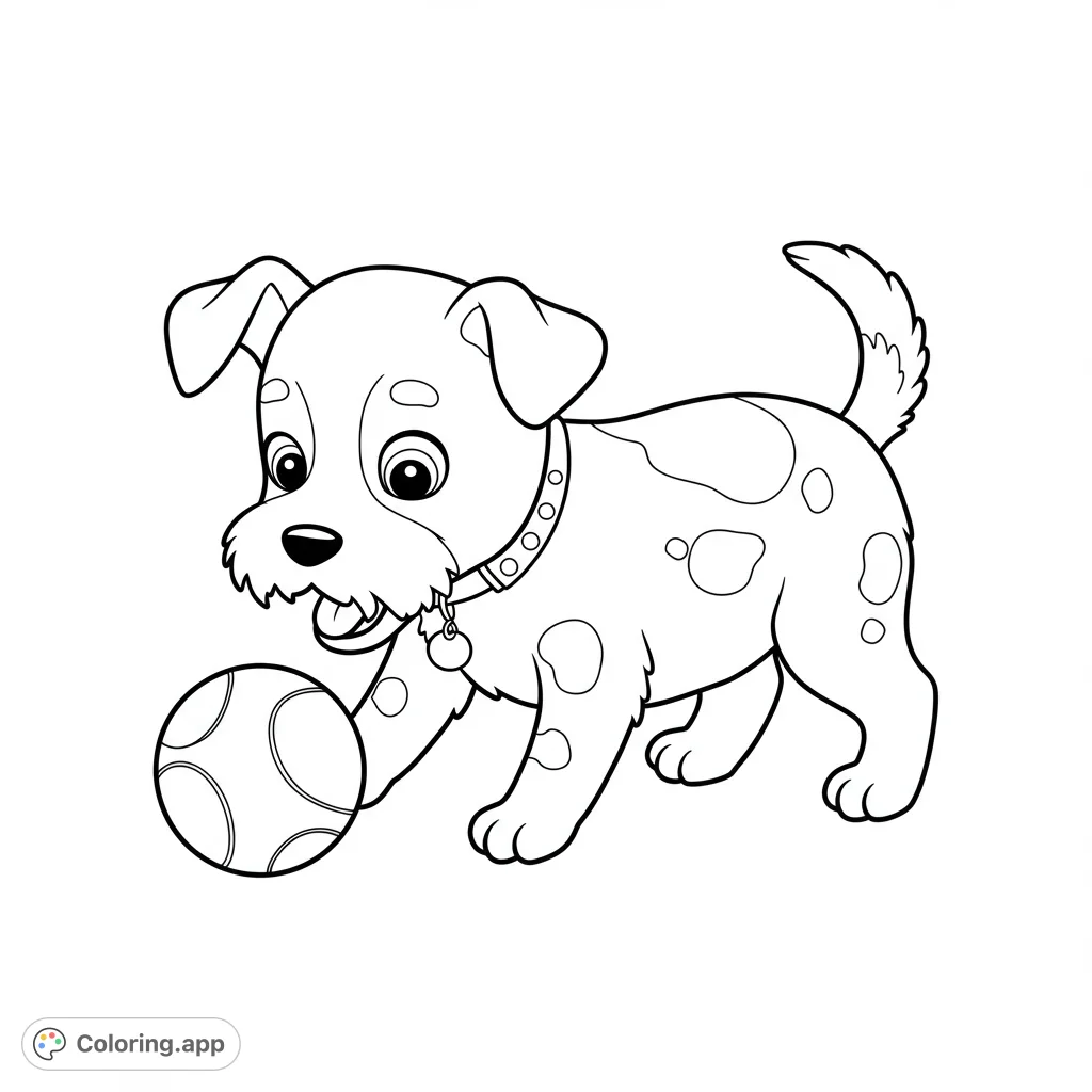An adorable spotted puppy with floppy ears playfully nudges a soccer ball. A charming free printable puppy coloring page for kids and adults.