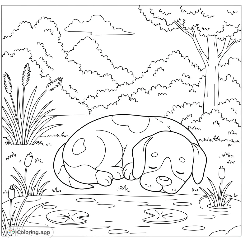 A peaceful puppy sleeps by a tranquil pond with lily pads and reeds. A charming nature scene, perfect for a relaxing coloring experience.