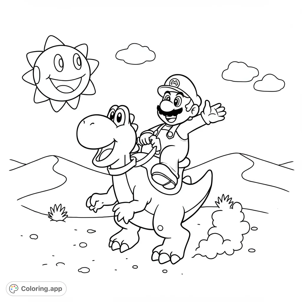 Join Mario and Yoshi on a desert adventure! This fun, free printable coloring page features the duo riding through sand dunes under a smiling sun.