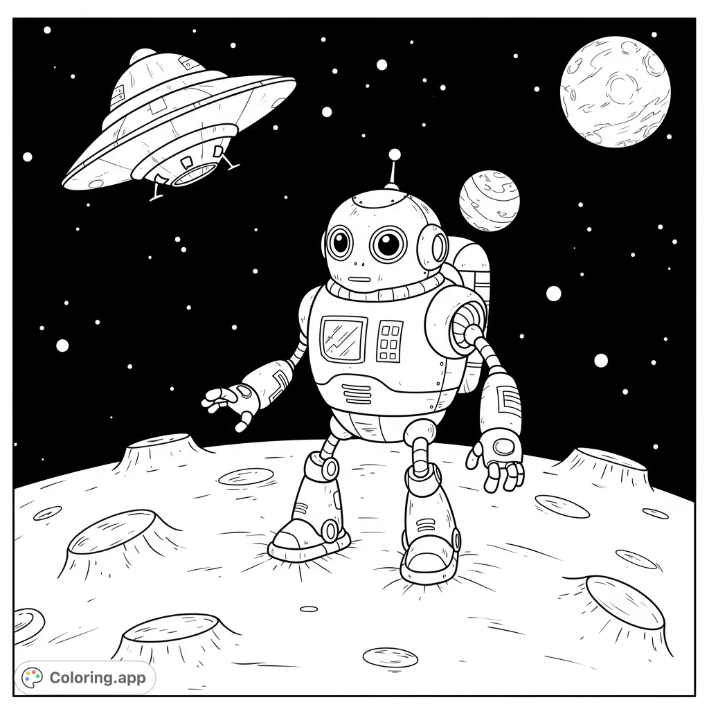 Explore the cosmos with a friendly robot on the moon! This space adventure coloring page features a cute robot, a UFO, and distant planets, perfect for imaginative fun.