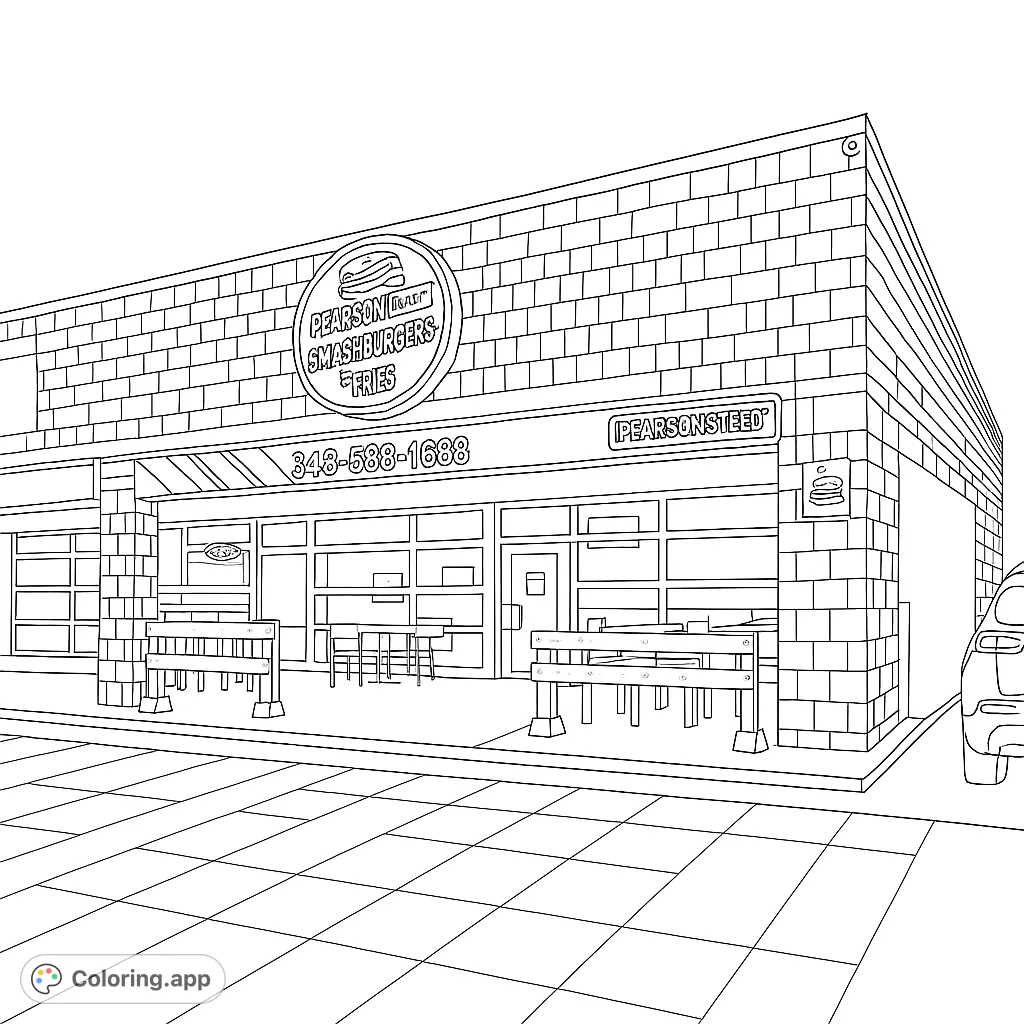 Detailed coloring page of Pearson Street Smash Burgers and Melts restaurant. A fun architectural scene to color for all ages.