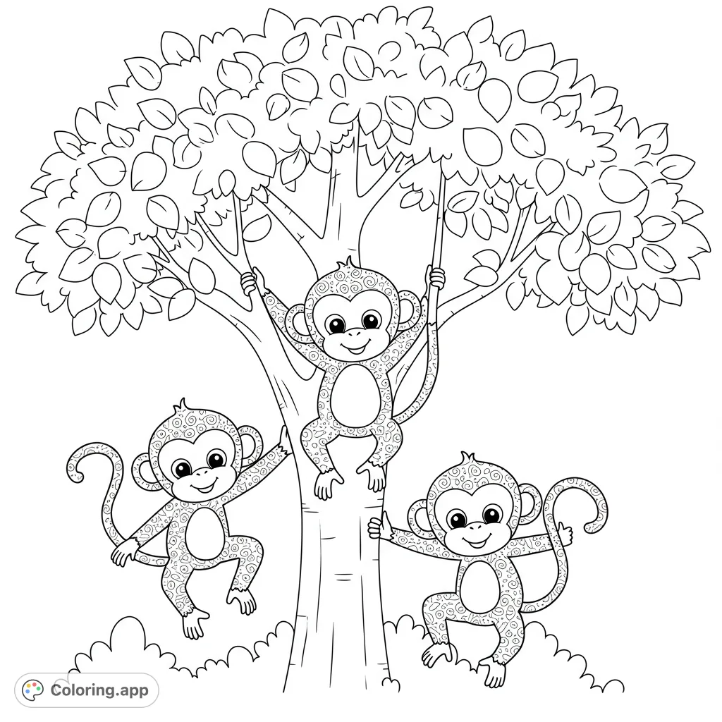 Three playful monkeys swing and climb on a large tree, featuring intricate patterns on their fur, perfect for a fun jungle adventure.
