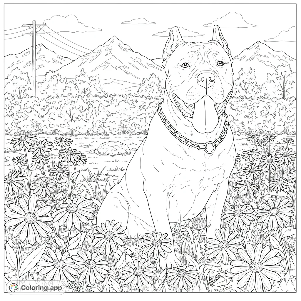 A charming Pitbull sits amidst a vibrant daisy field with mountains in the background. A free printable Pitbull coloring page for all ages.