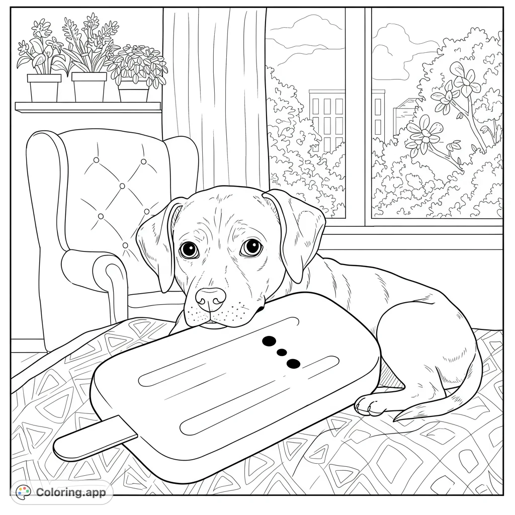 An adorable puppy rests its head on a giant popsicle in a cozy room. A delightful free printable puppy coloring page for kids and adults!