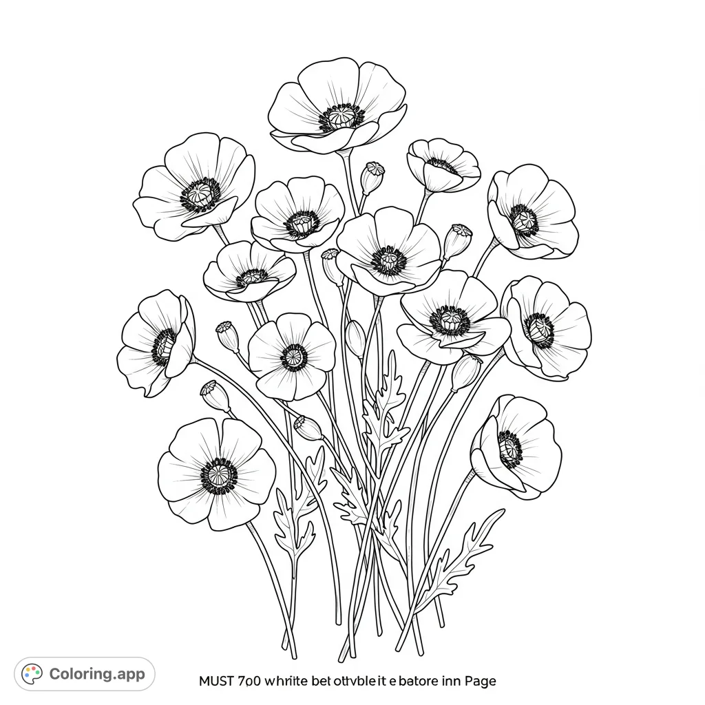 A beautiful poppy flower coloring page featuring a vibrant bouquet of detailed poppies, perfect for nature lovers and floral enthusiasts to color.