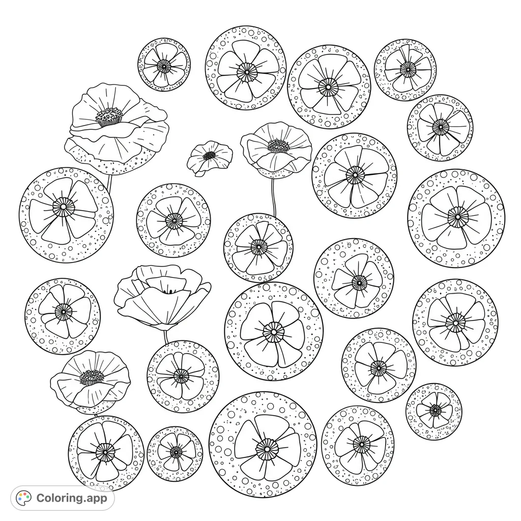 A delightful floral patterns coloring page featuring elegant poppies and intricate abstract circular designs, perfect for creative expression.