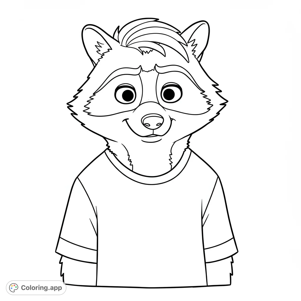 A charming raccoon character wearing a t-shirt, perfect for a fun and easy coloring experience. Ideal for kids and animal lovers.