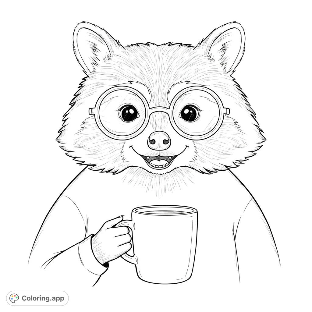 A charming raccoon wearing round glasses, holding a mug, and smiling. A delightful free printable raccoon coloring page for all ages.