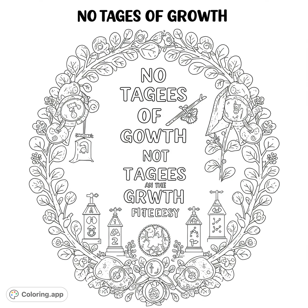 Intricate botanical wreath encircling symbolic objects and ornate emblems. A detailed free printable coloring page for all ages.