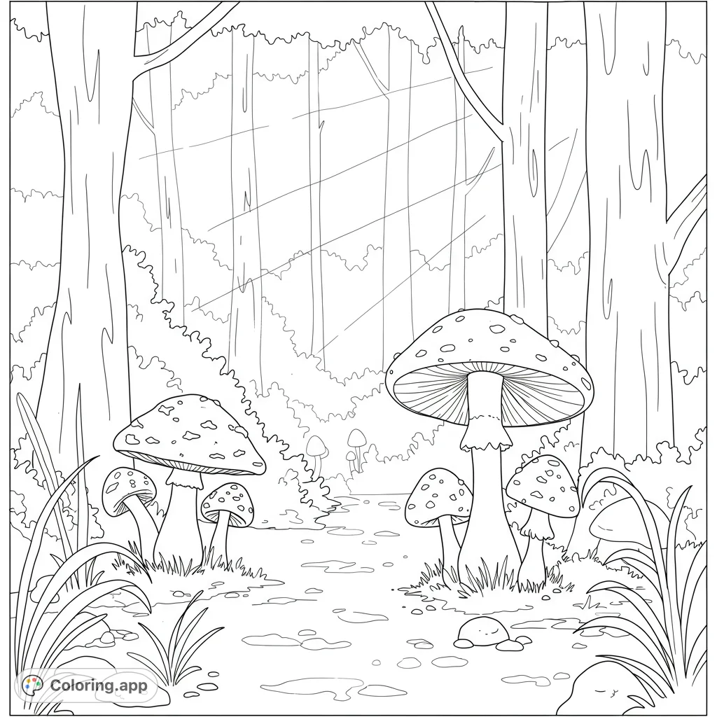 A charming forest path winding through tall trees, adorned with various spotted mushrooms and lush grass, perfect for nature lovers to color.