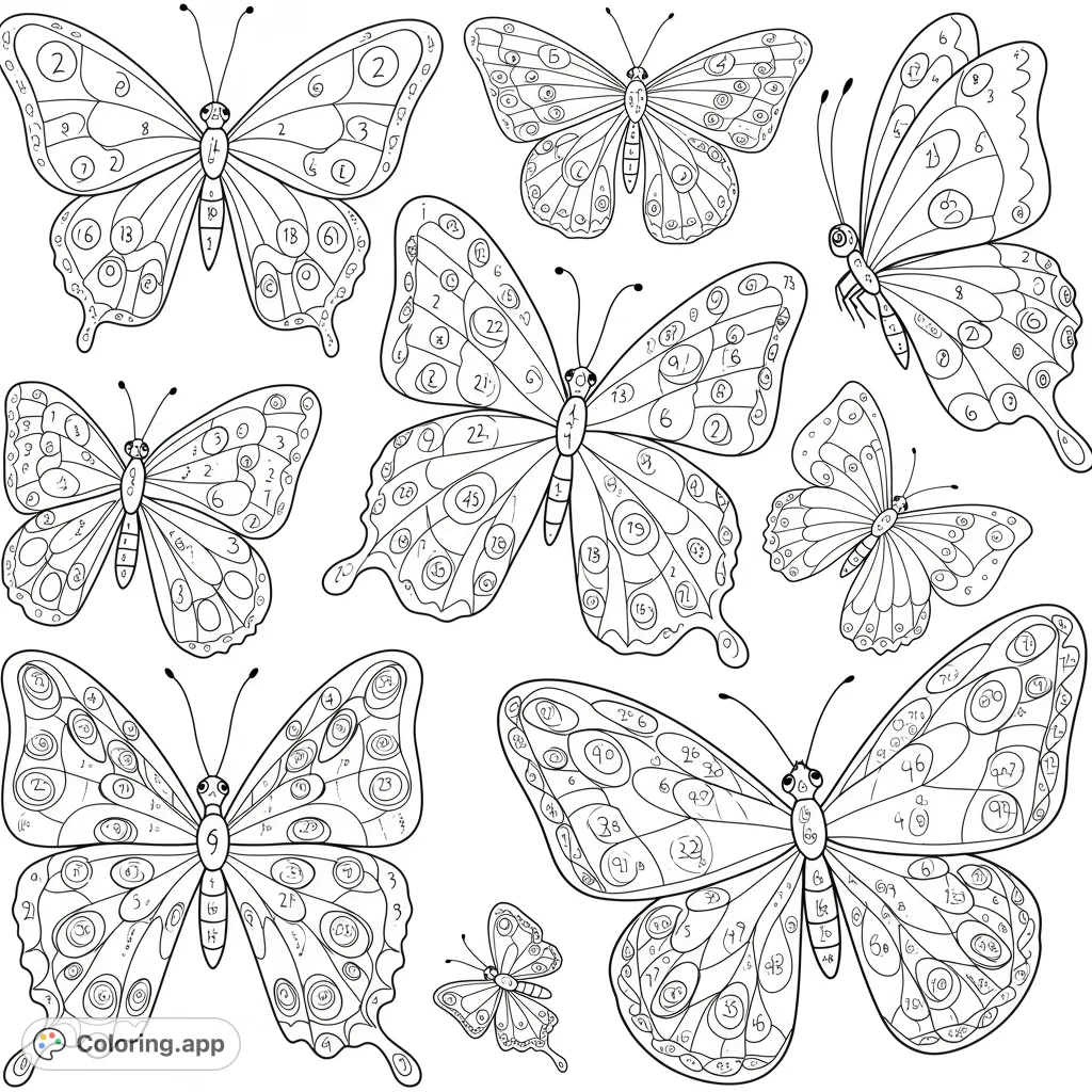 An elegant butterfly coloring page featuring a swarm of intricately detailed butterflies, perfect for a free printable coloring page for all ages.