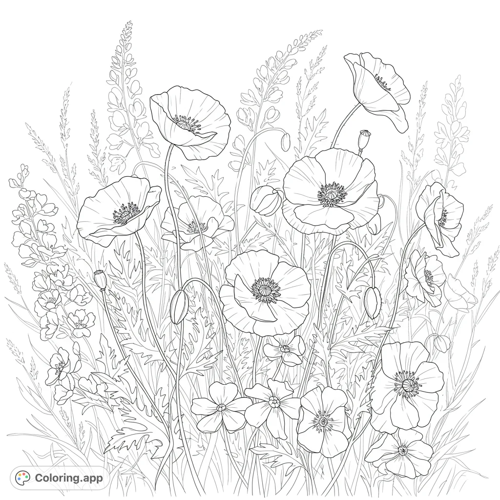 Immerse yourself in a beautiful poppy field coloring page, featuring detailed poppies, wildflowers, and lush foliage. A free printable coloring page for all ages.
