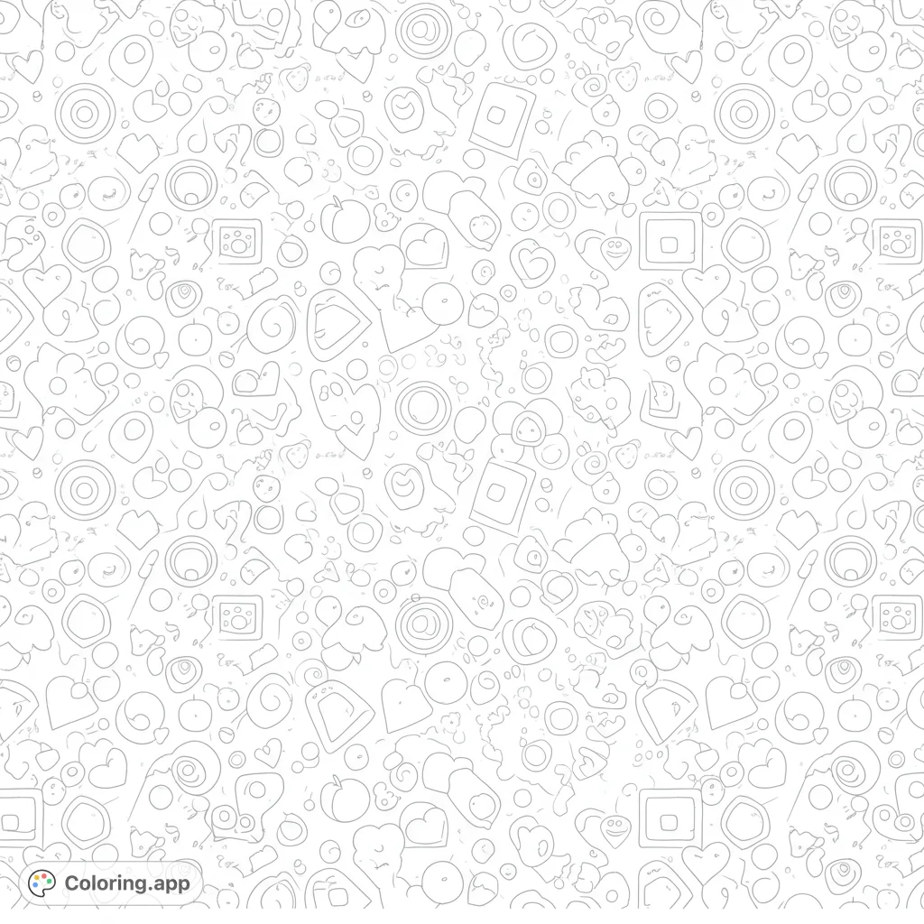 Explore a whimsical doodle pattern coloring page filled with hearts, circles, swirls, and playful shapes. A free printable for all ages!