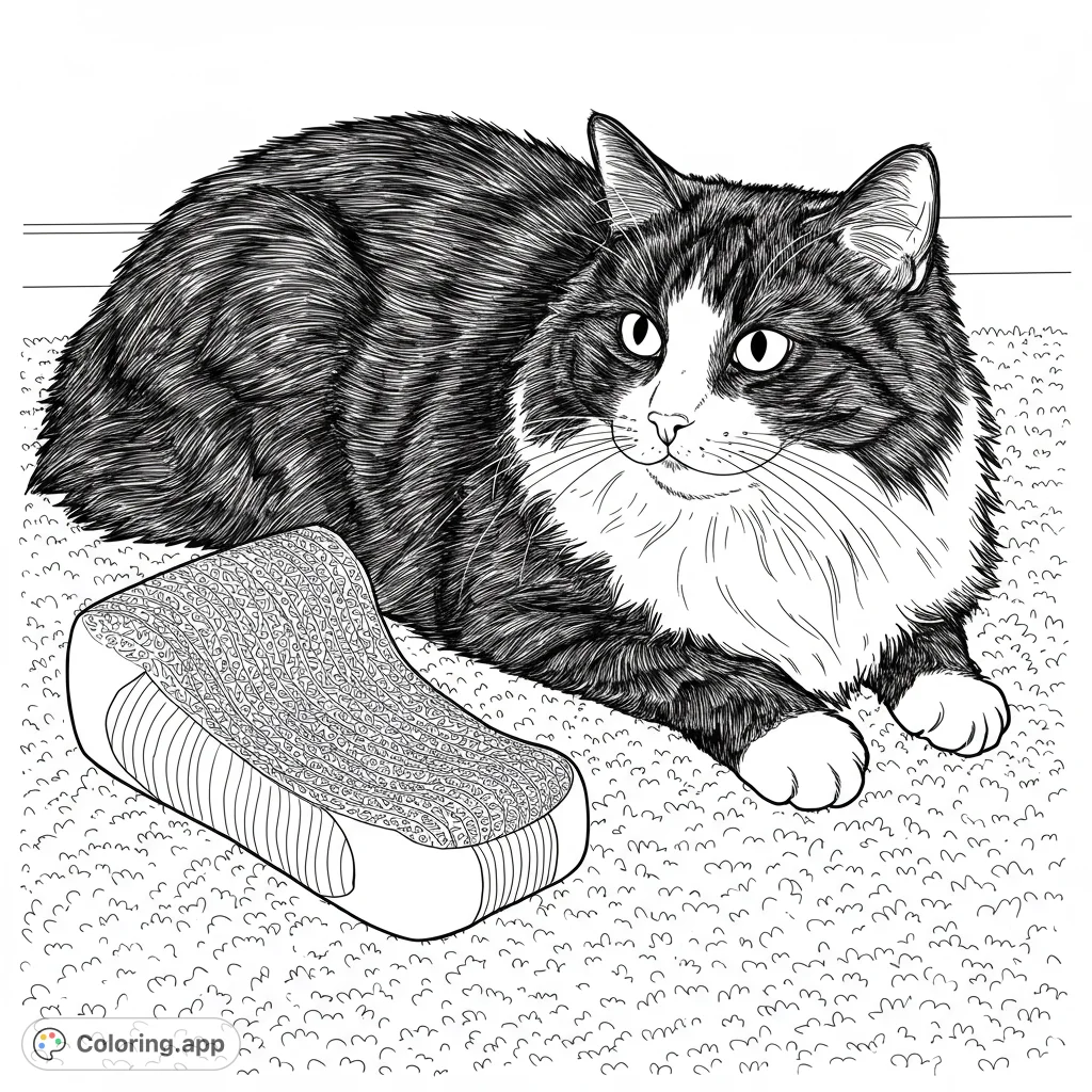 A charming fluffy cat rests beside its textured scratching post on a cozy carpet. A delightful free printable cat coloring page for all ages.