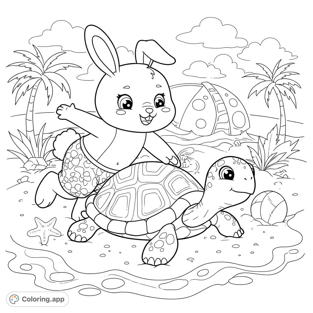 A playful bunny in swim trunks jumps over a friendly turtle on a sunny beach, surrounded by palm trees and a beach tent. A fun summer scene!