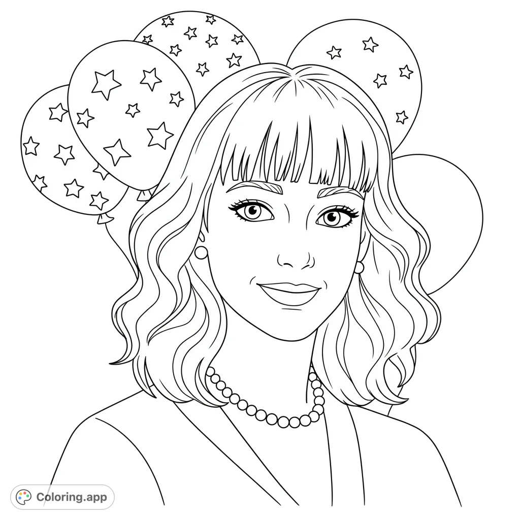 A joyful woman with wavy hair and a pearl necklace, surrounded by festive star-patterned balloons. A free printable celebration coloring page for all ages.