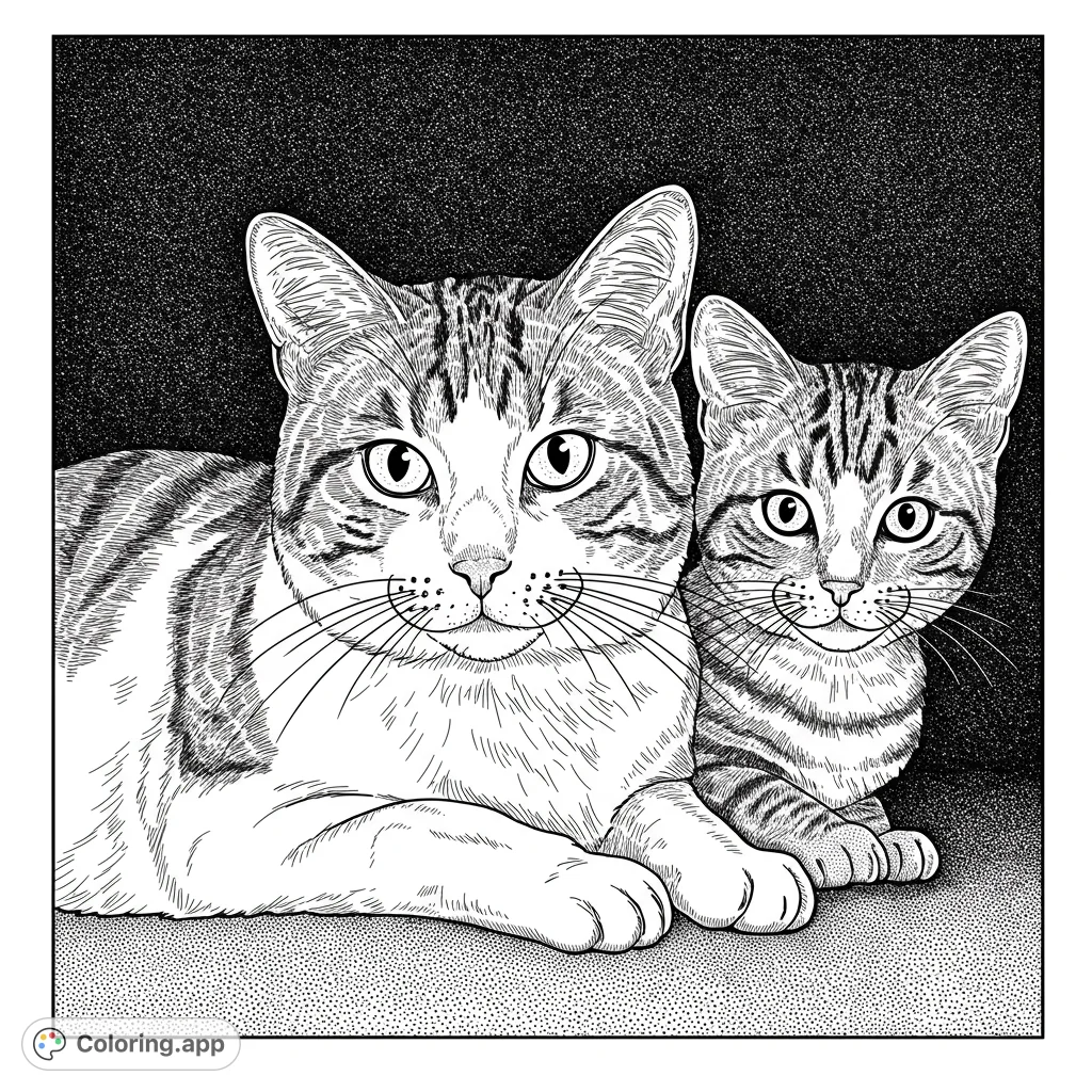 Two adorable tabby cats, one large and one small, gaze forward in this charming pet coloring page. Perfect for cat lovers of all ages!