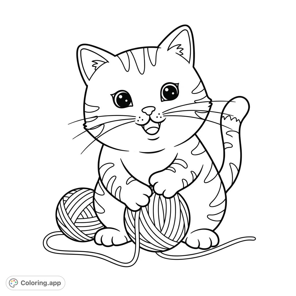 An adorable kitten joyfully playing with two balls of yarn, featuring clear lines for a delightful coloring experience.