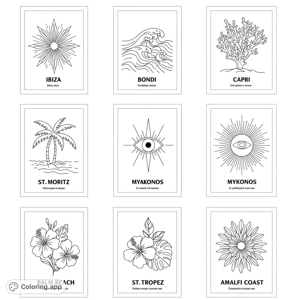 A vibrant collection of nine distinct line art designs, featuring suns, waves, coral, palm trees, evil eyes, and tropical flowers, perfect for a relaxing coloring experience.