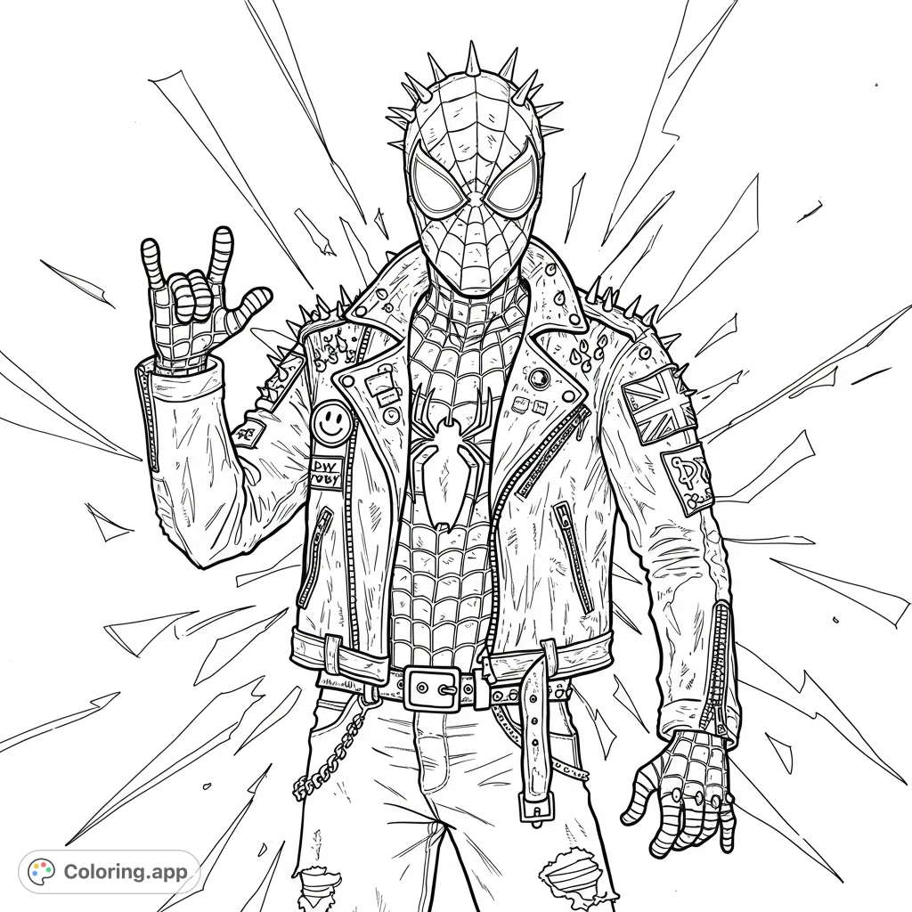 Dynamic punk rock Spider-Man coloring page. Features a spiked mask, leather jacket with patches, ripped jeans, and a 'rock on' pose against a shattered background.
