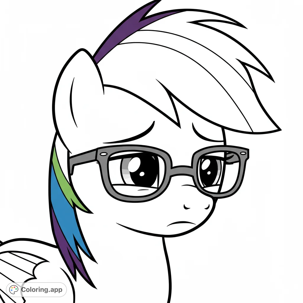 A charming pony wearing glasses, with a thoughtful expression, perfect for a free printable pony coloring page for kids and adults.