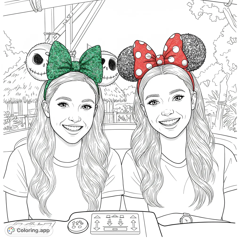 Two smiling friends in a theme park, wearing iconic character ear headbands, ready for a fun coloring adventure. Free printable coloring page!