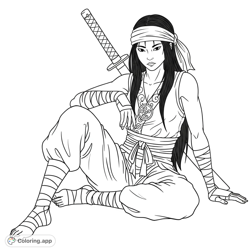 A fierce female warrior with a katana rests, ready for action. This captivating female warrior coloring page offers intricate details for all ages.
