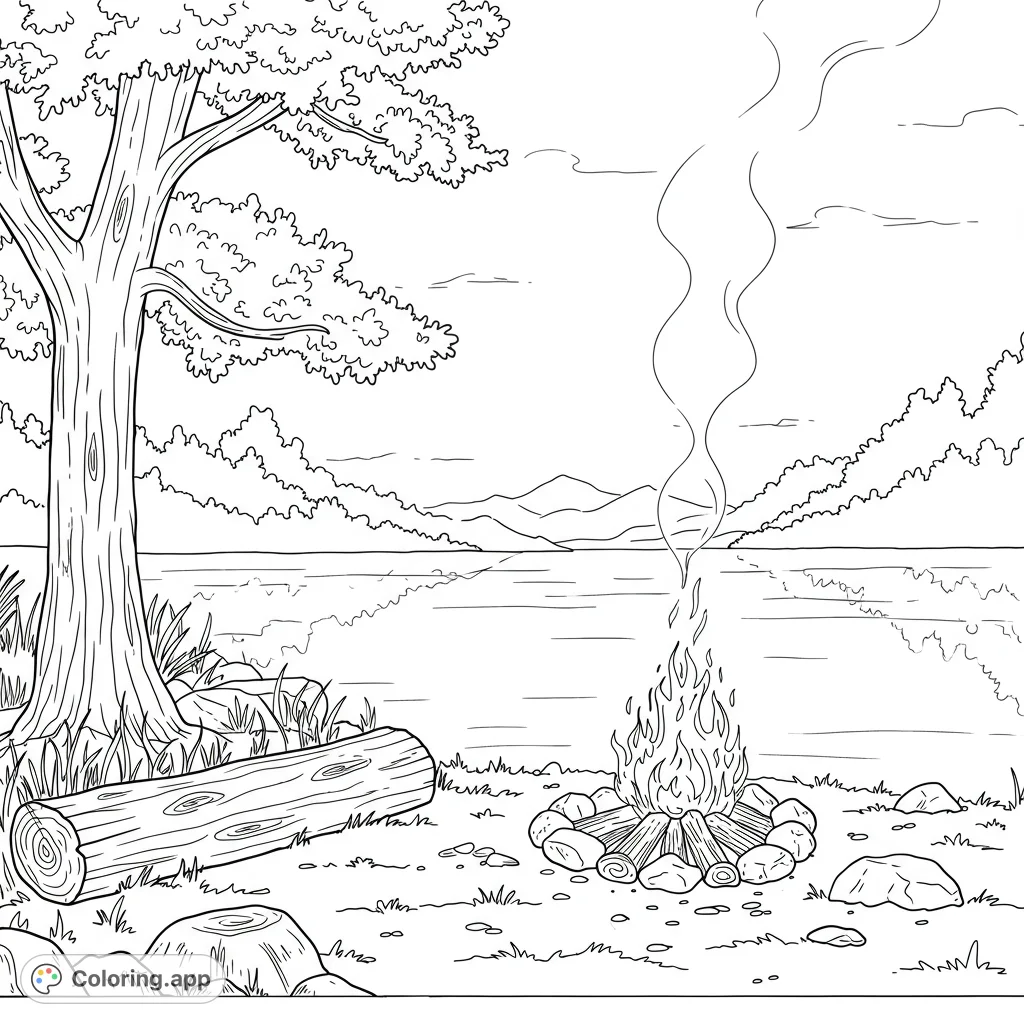 A serene lakeside campfire scene with a large tree, cozy fire, and distant mountains, perfect for a relaxing nature coloring page experience.