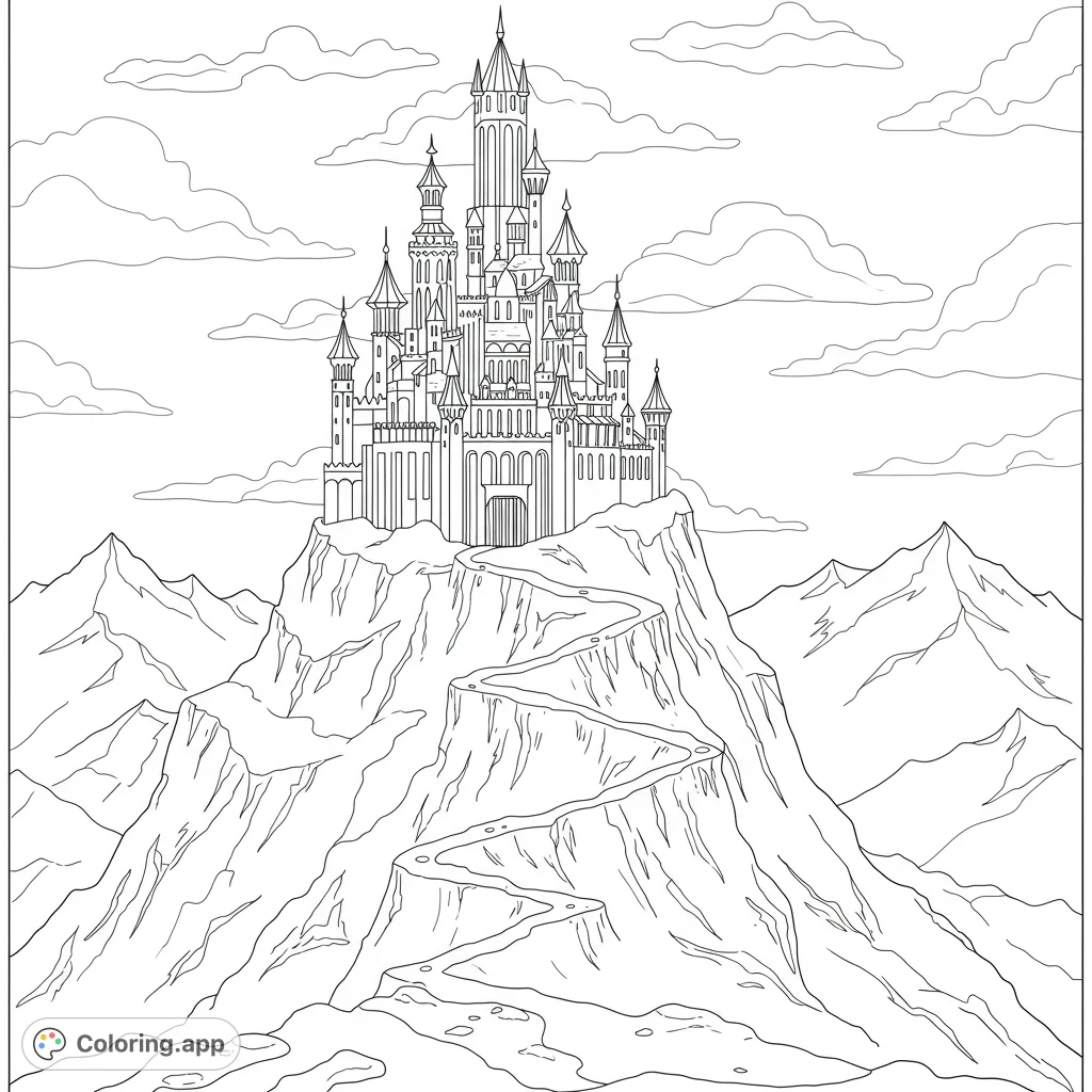 Explore a majestic fantasy castle perched high on a rugged mountain, featuring intricate details, a winding path, and scenic clouds. A free printable coloring page.