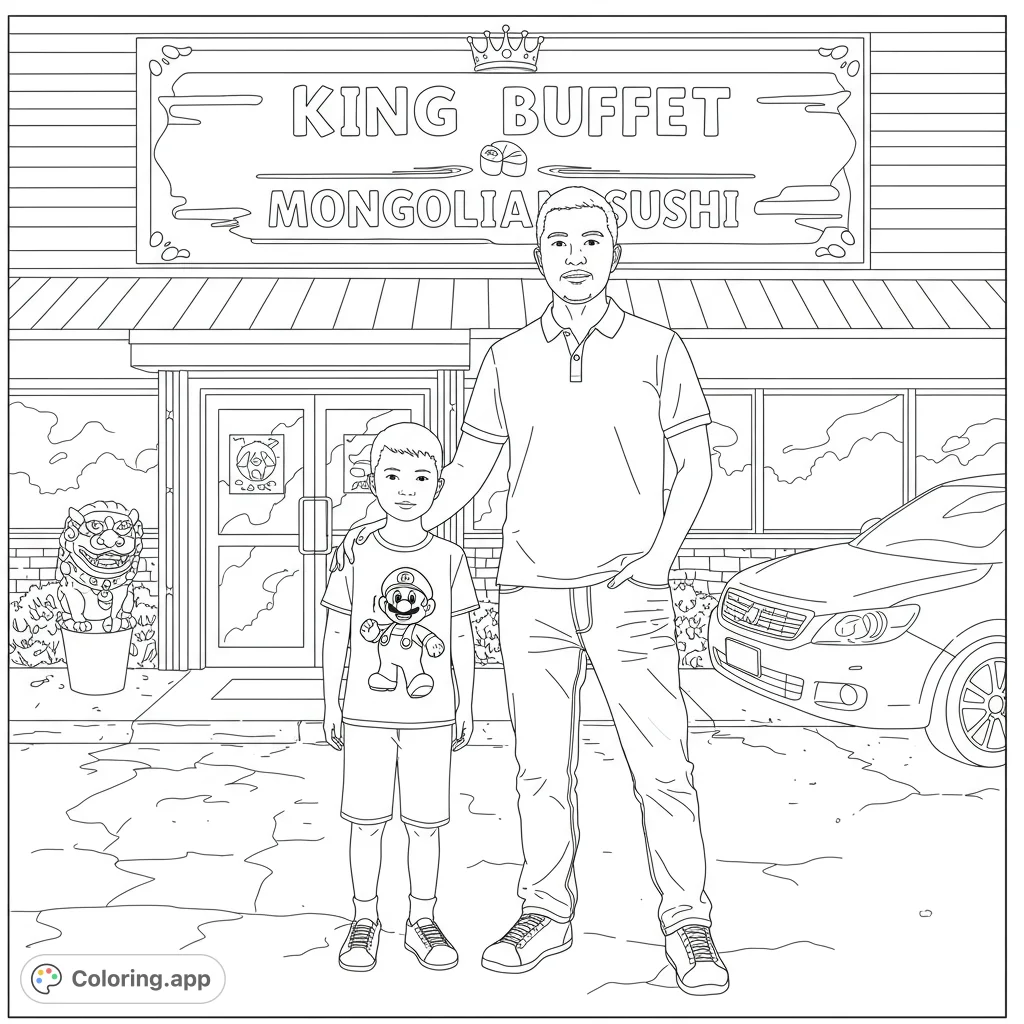 A heartwarming free printable coloring page featuring a father and son outside a restaurant, perfect for family-themed coloring pages for kids and adults.