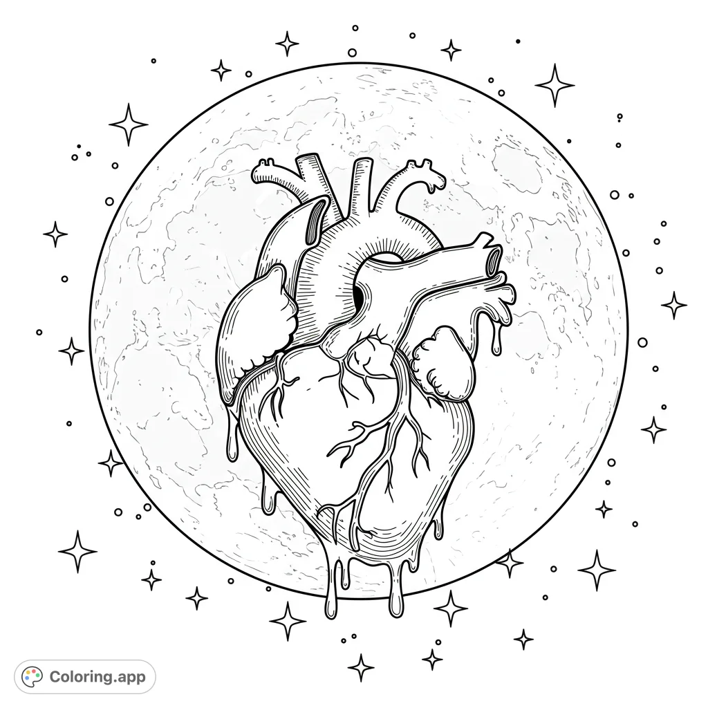 Mystical anatomical heart against a full moon, surrounded by stars. A unique celestial body coloring page for adults and teens.