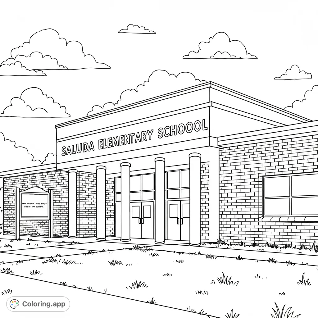 A detailed school building with brick walls, grand entrance, and a message board, set against a cloudy sky. Perfect for a free printable school coloring page.