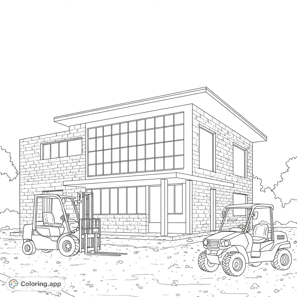 Explore a modern building construction scene with a forklift and ATV, ready for construction-themed coloring fun. A free printable coloring page.