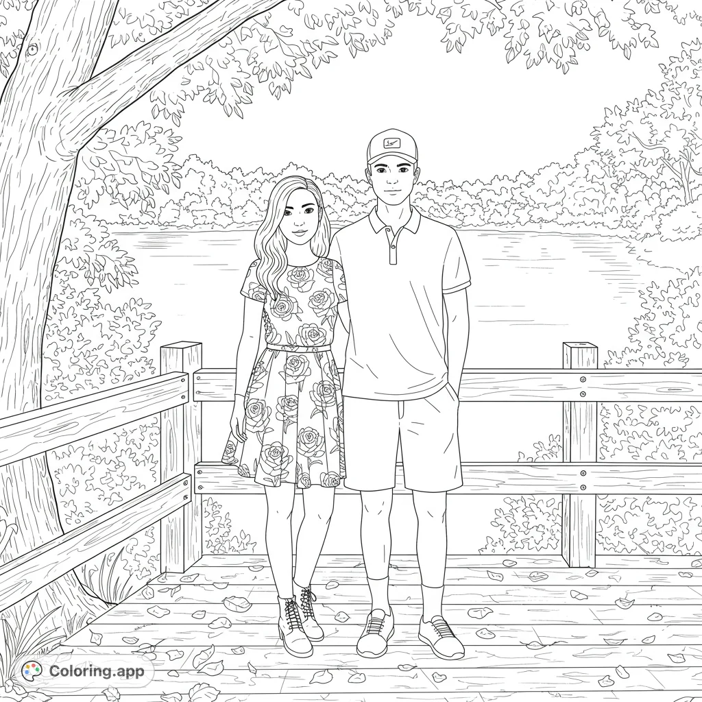 A young couple poses on a scenic overlook with a lake and trees in the background, perfect for coloring enthusiasts.