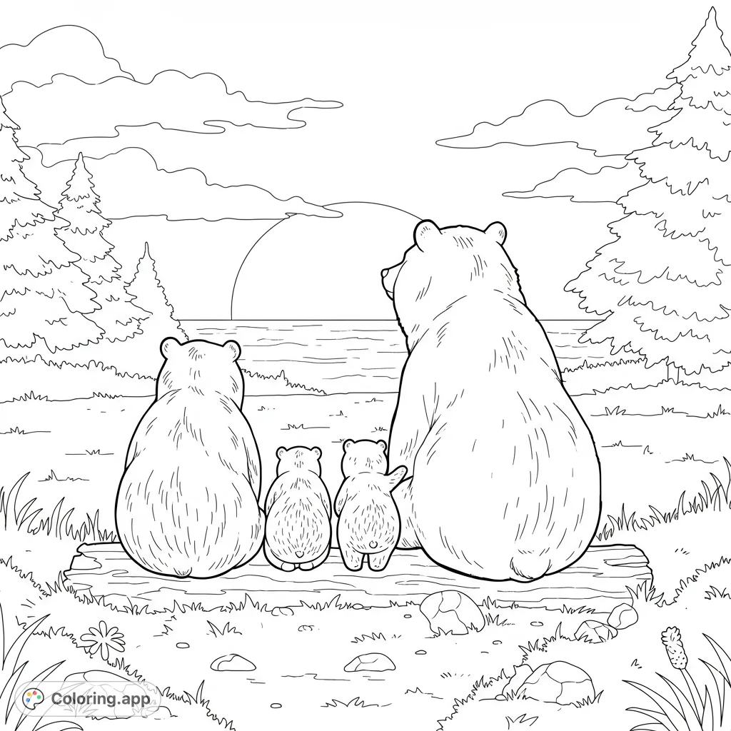 A heartwarming scene of a family of bears watching a sunset, designed with thick, clean lines and a balance of detailed and open spaces perfect for coloring. Inspired by the Cozy coloring book style, this image offers a relaxing and engaging coloring experience for both adults and children.