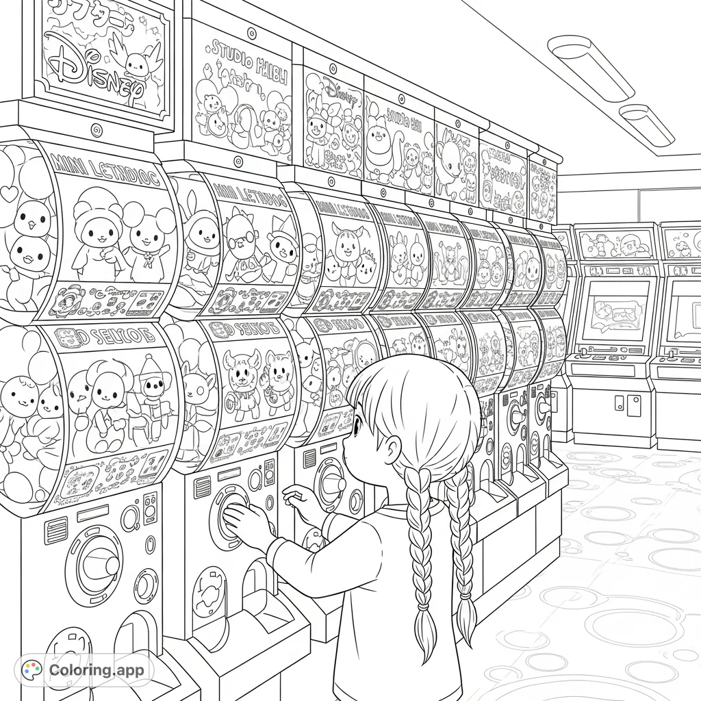 Immerse yourself in a vibrant Japanese arcade scene featuring gachapon machines filled with Disney, Studio Ghibli, and electronic toys, with a girl choosing her prize.