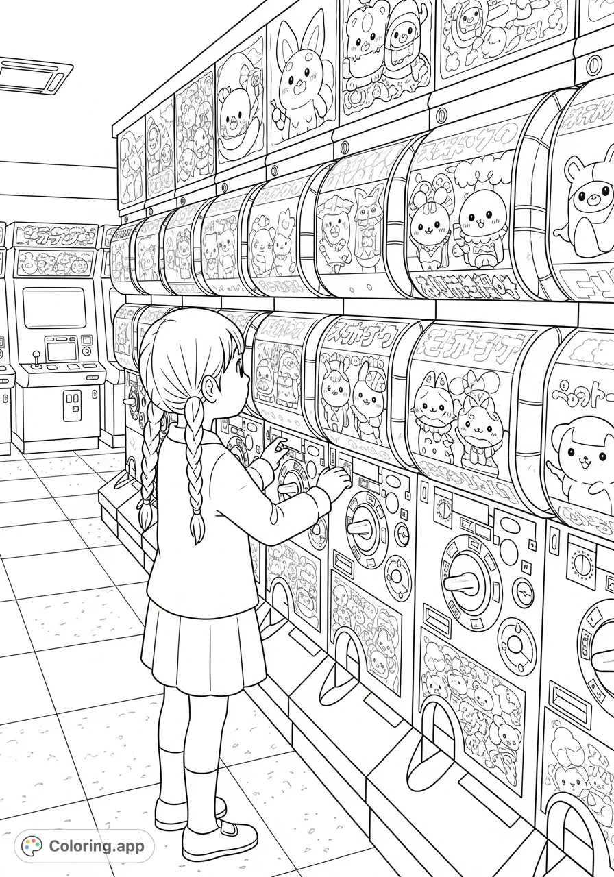 Explore a bustling Japanese arcade filled with gachapon machines, cute toys, and a girl eagerly playing. A fun, detailed coloring adventure awaits!