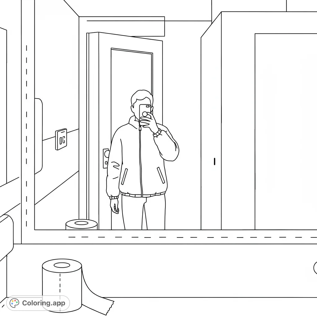 Capture a modern moment with this selfie coloring page. A person takes a photo, reflecting a room with a door and toilet paper.
