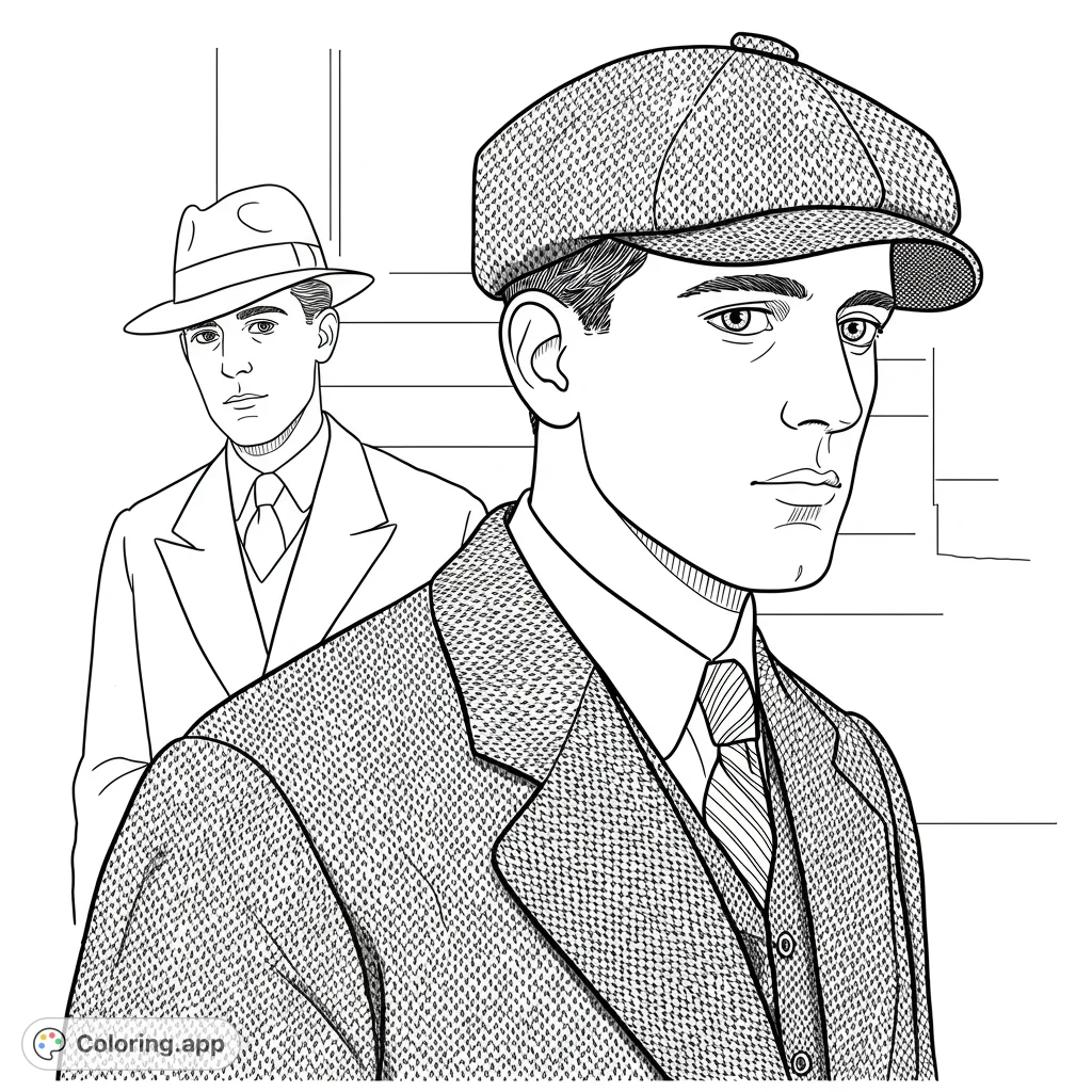 Step back in time with this vintage gentlemen coloring page. Features two dapper men in classic attire, perfect for a free printable coloring page.