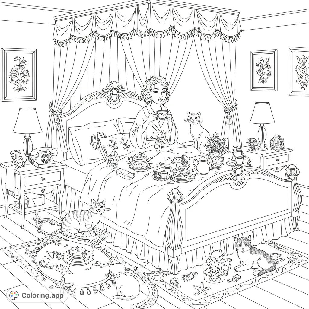 A charming breakfast in bed scene with a woman and her beloved cats, featuring intricate details for a delightful coloring experience. Free printable coloring page.