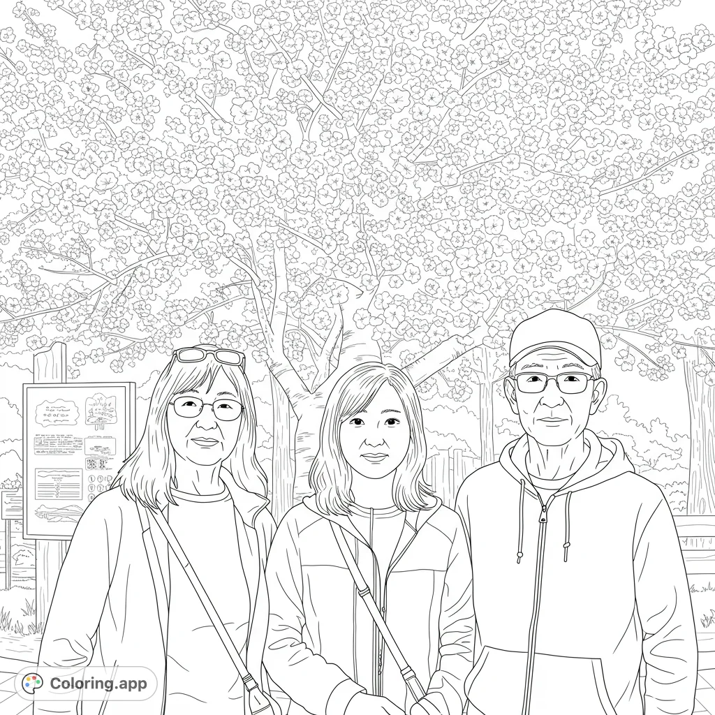 A heartwarming family portrait under a beautiful cherry blossom tree, perfect for a spring-themed coloring page.