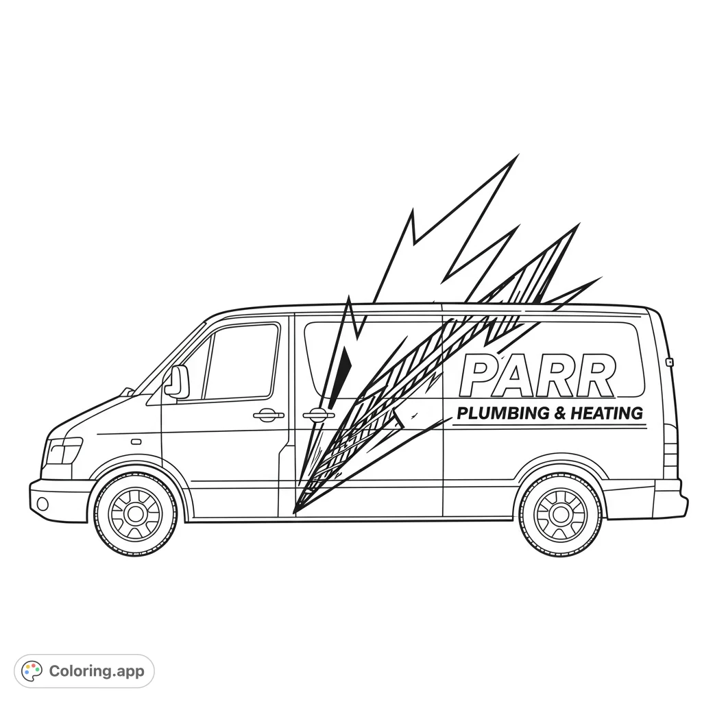 A sleek service van with dynamic, sharp-edged abstract lines bursting from its side, ready for a burst of color. A free printable vehicle coloring page.