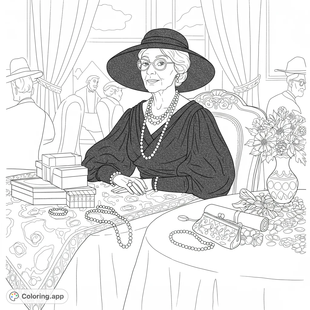 An elegant older woman in a wide-brimmed hat and pearls, seated at a lavish table with gifts and flowers, in a sophisticated setting.