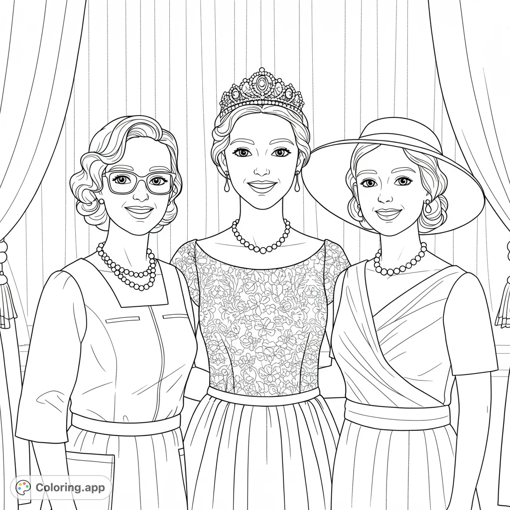 An elegant women's fashion coloring page featuring three distinguished ladies in formal attire, perfect for free printable coloring page enthusiasts.