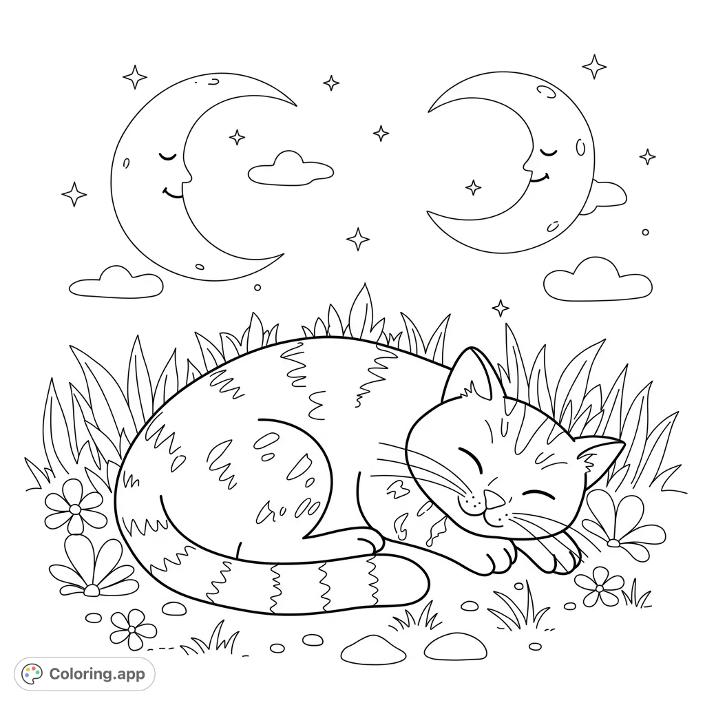 A charming free printable sleeping cat coloring page, nestled in grass under two smiling crescent moons and stars. Perfect for kids and adults.
