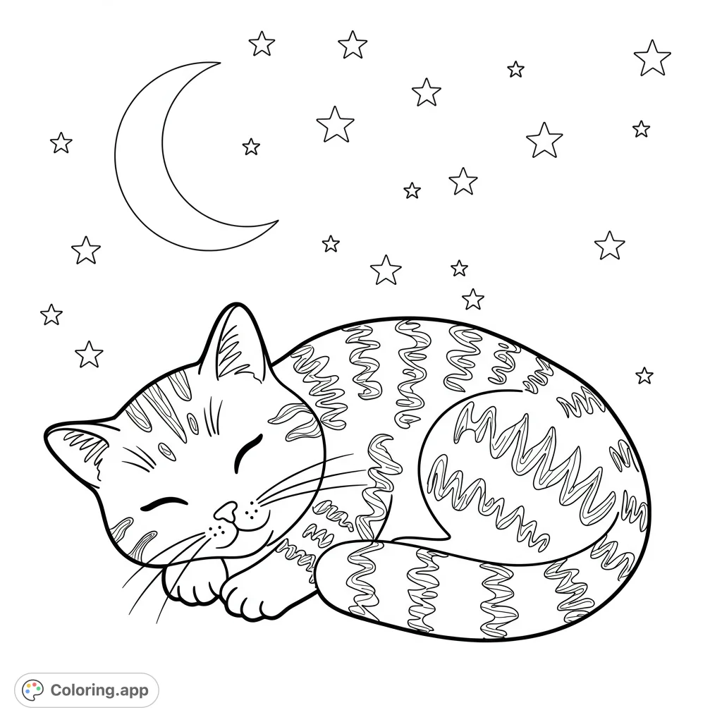 A charming free printable sleeping cat coloring page under a crescent moon and stars. Perfect for kids and adults seeking a peaceful, cute design.