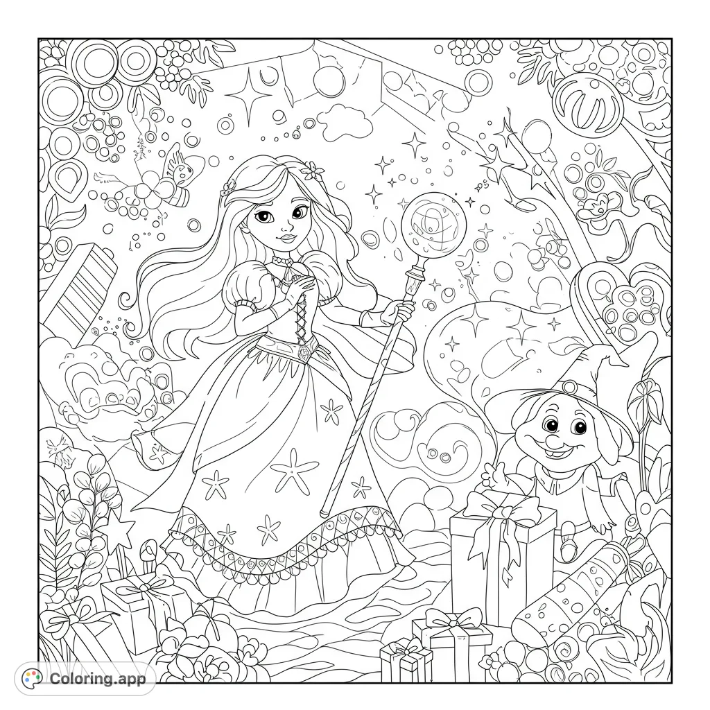 An enchanting princess with a magic staff and a cheerful gnome amidst gifts and whimsical wonders. A delightful fantasy coloring page for kids and adults.