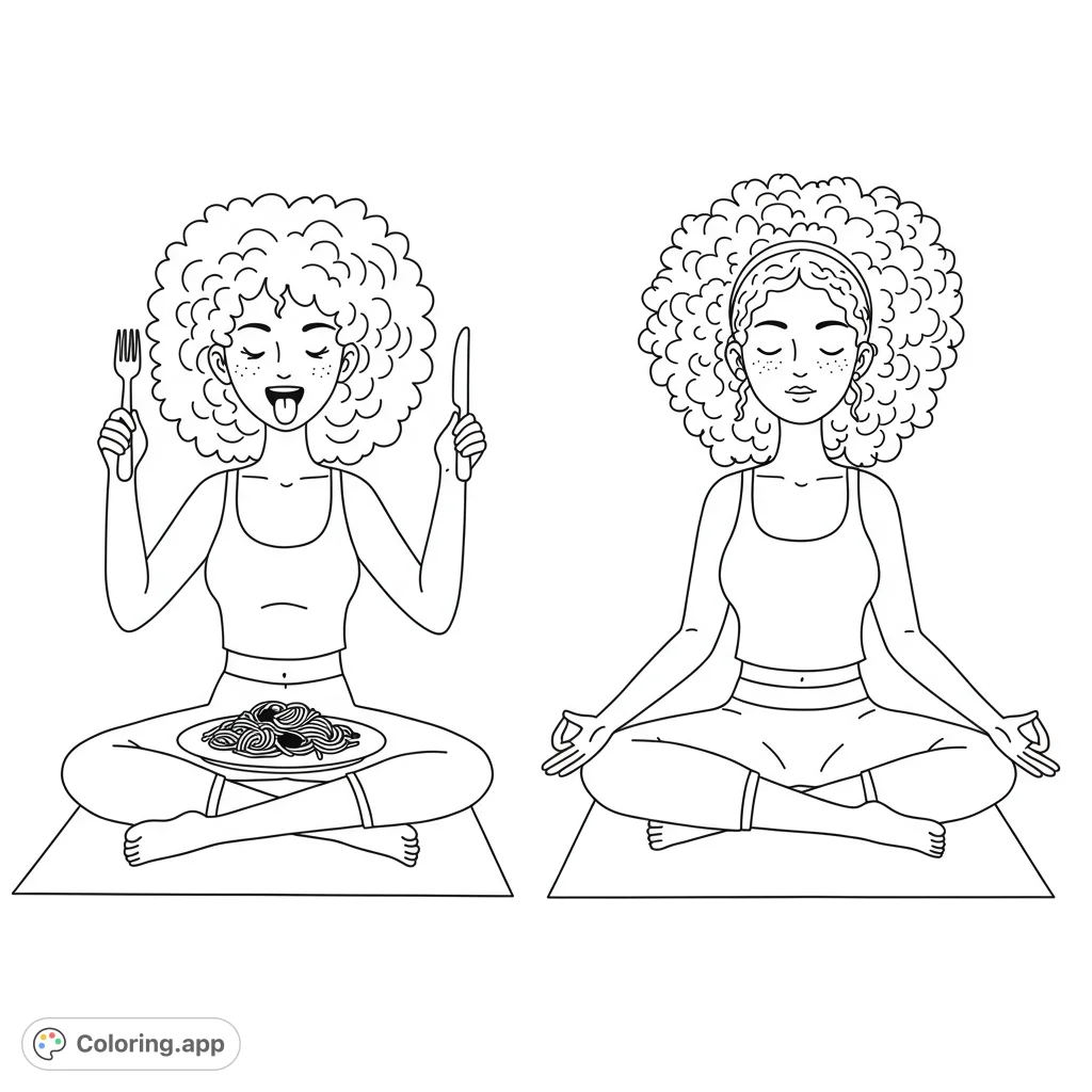 Two women illustrate balance: one eagerly ready for spaghetti, the other in peaceful meditation. A fun, free printable wellness coloring page.