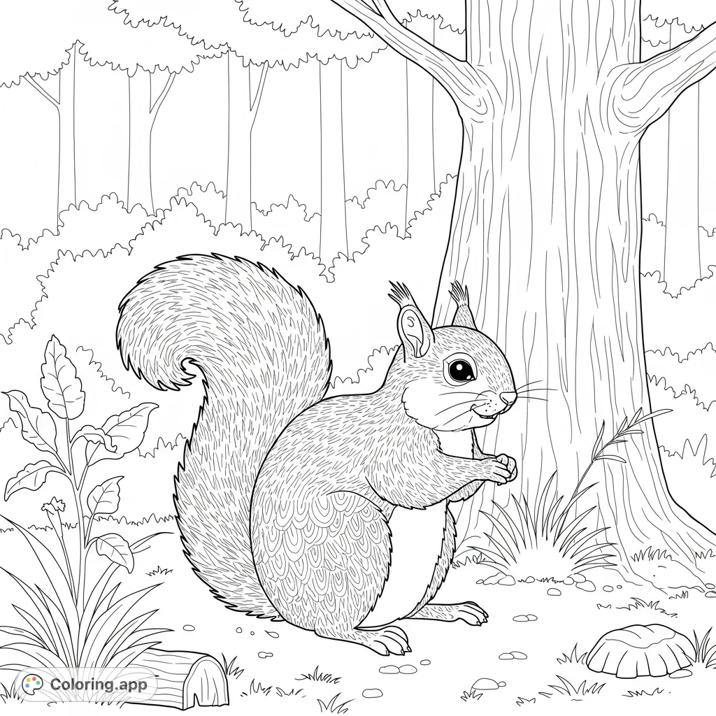 A delightful forest squirrel coloring page, perfect for nature lovers. Features a detailed squirrel on the forest floor with trees and foliage.